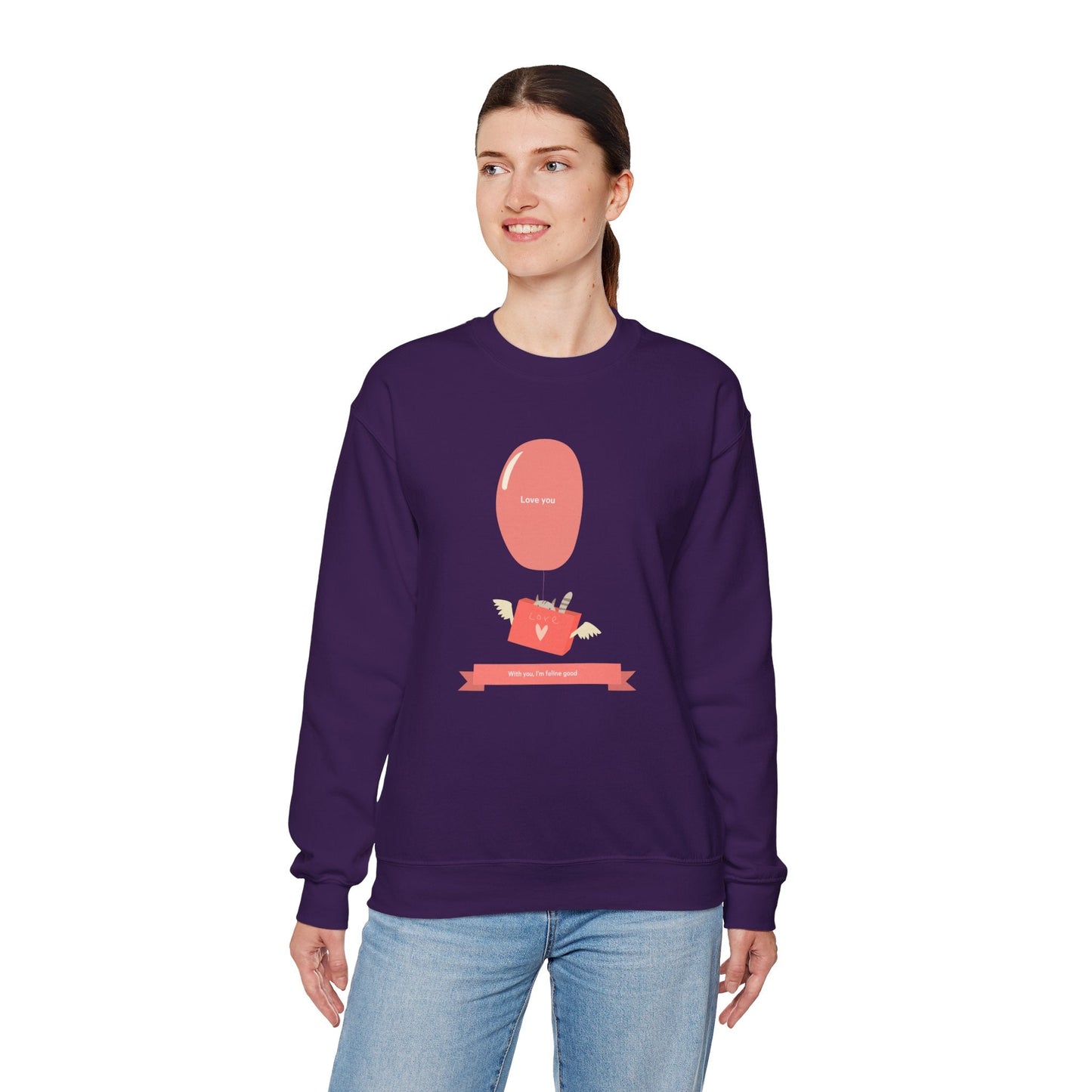 Cat Love Balloon Sweatshirt Unisex Fifty Fifty Cotton Poly Valentine Heavy Blend Crewneck Sweatshirt