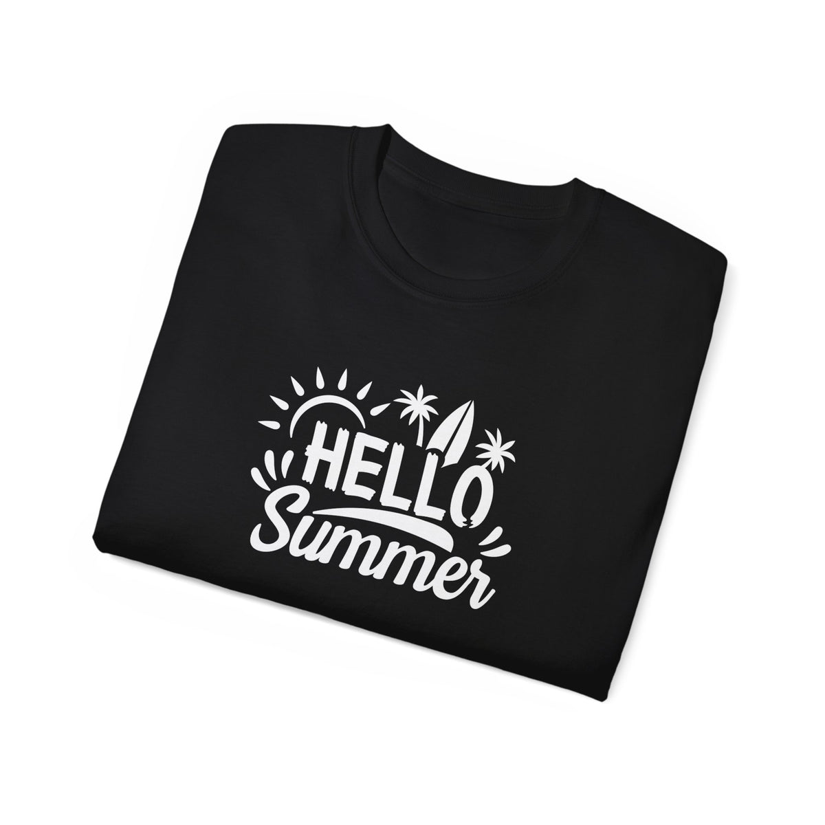 Hello Summer surfboard palm trees T-Shirt | Summer beach graphic tee
