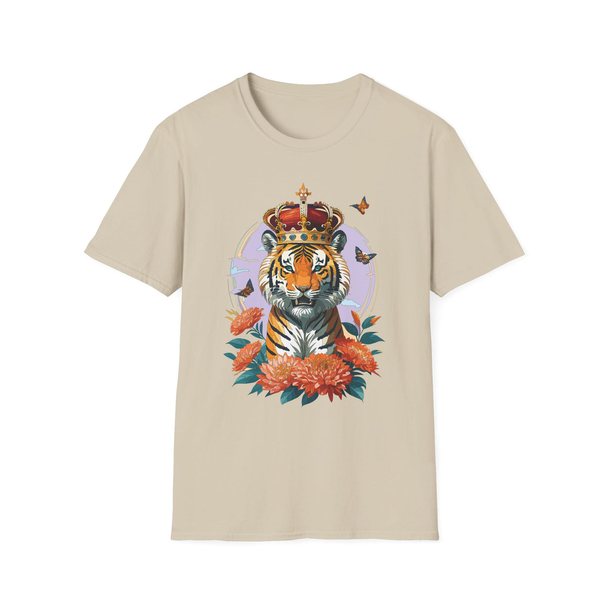 Tiger with Crown T-Shirt | Regal Tiger Artwork, Floral Accents - Unisex 100 Cotton Gildan 64000