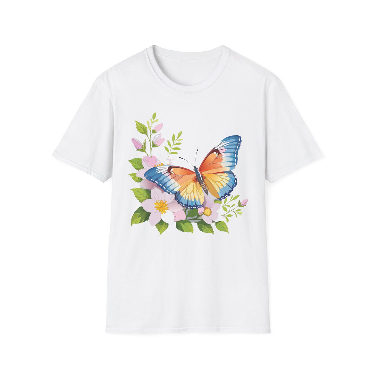 Butterfly Floral T-Shirt — Watercolor Orange & Blue Butterfly on Blossoms Graphic Design Unisex 100 Cotton Gildan T-Shirt