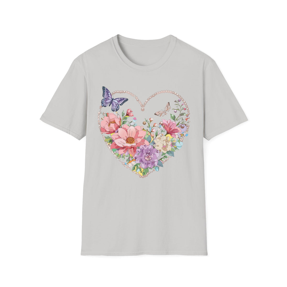 Floral Heart with Butterflies T-Shirt | Romantic Spring Garden Graphic Tee Unisex 100 Cotton Gildan T-Shirt