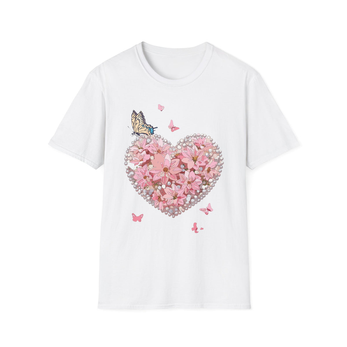 Pink Floral Heart with Butterfly T-Shirt | Spring Floral Graphic Tee Unisex 100 Cotton Gildan T-Shirt