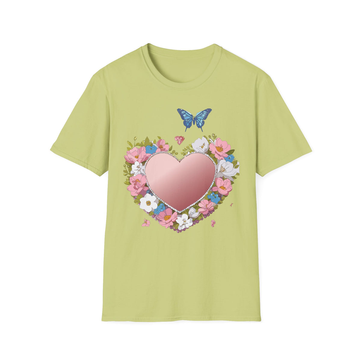 Floral Heart with Blue Butterfly T-Shirt | Pink Heart Floral Graphic Tee Unisex 100 Cotton Gildan T-Shirt