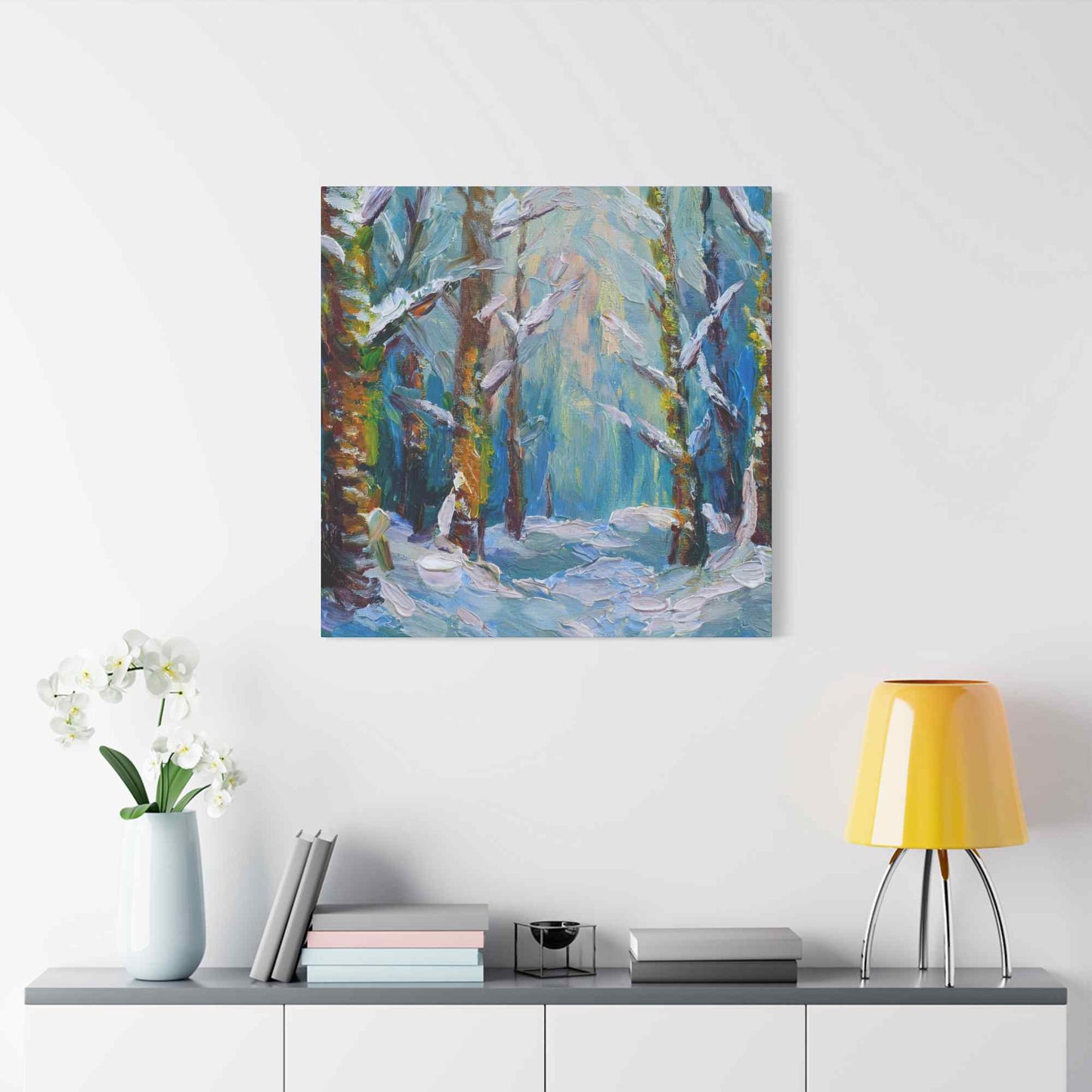 Snow Forest Print Canvas, Oil Paint Print 20x20, 24x24, 30x30, 32x32, 36x36 Art Design Print Pine-Wood Inner Frame MC-76