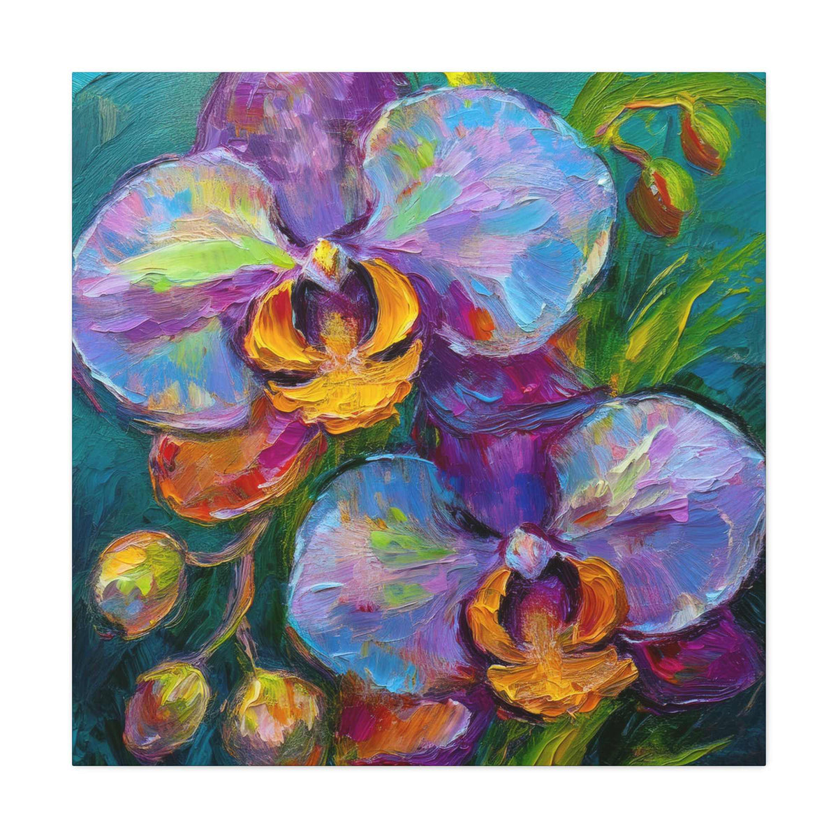 Blue Orchids Print Canvas, Floral Oil Paint Print 20x20, 24x24, 30x30, 32x32, 36x36 Art Design Pine-Wood Inner Frame MC-133