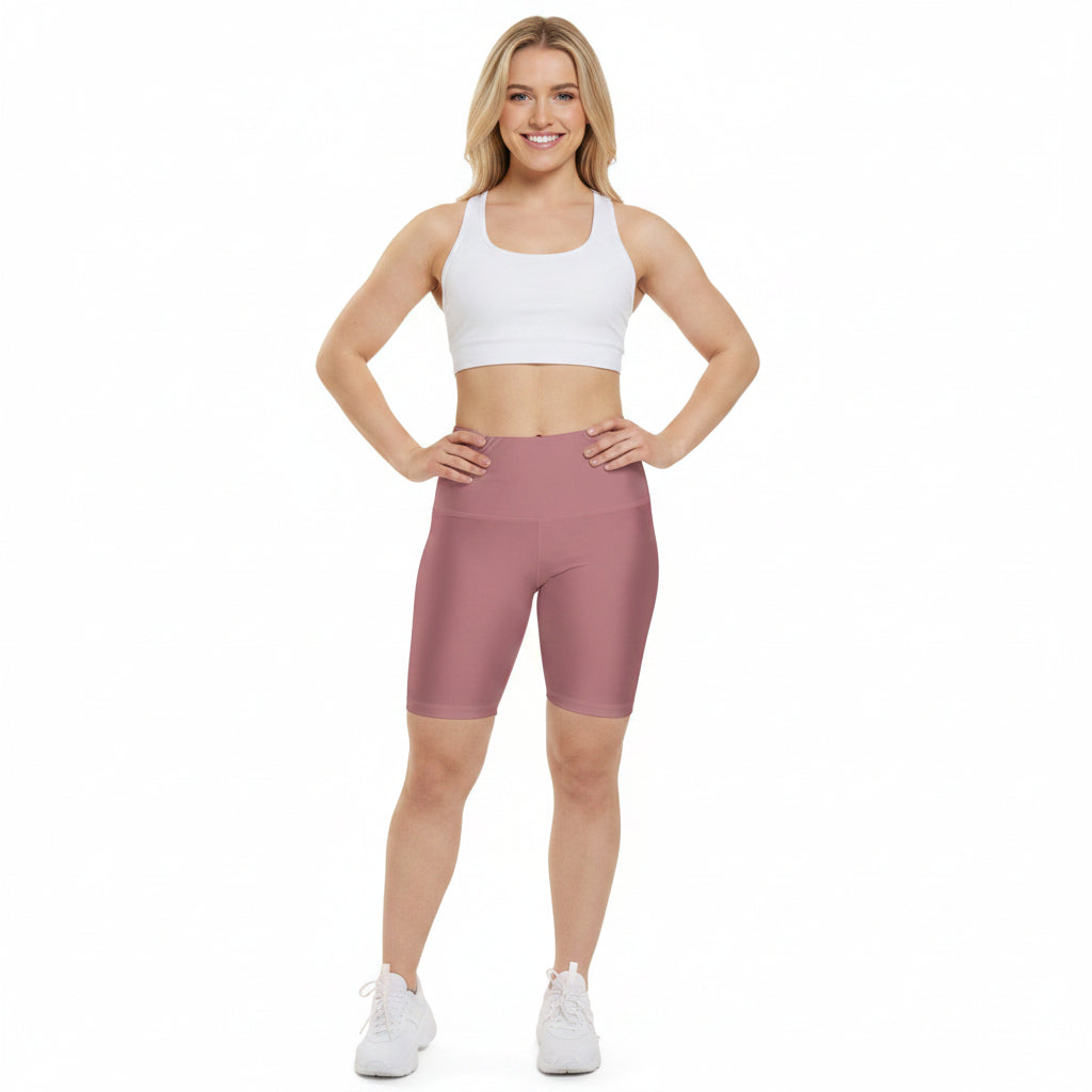Dusty Rose Coral Women's High-Waist Workout Shorts — Dusty Rose Bike Shorts for Yoga & Training