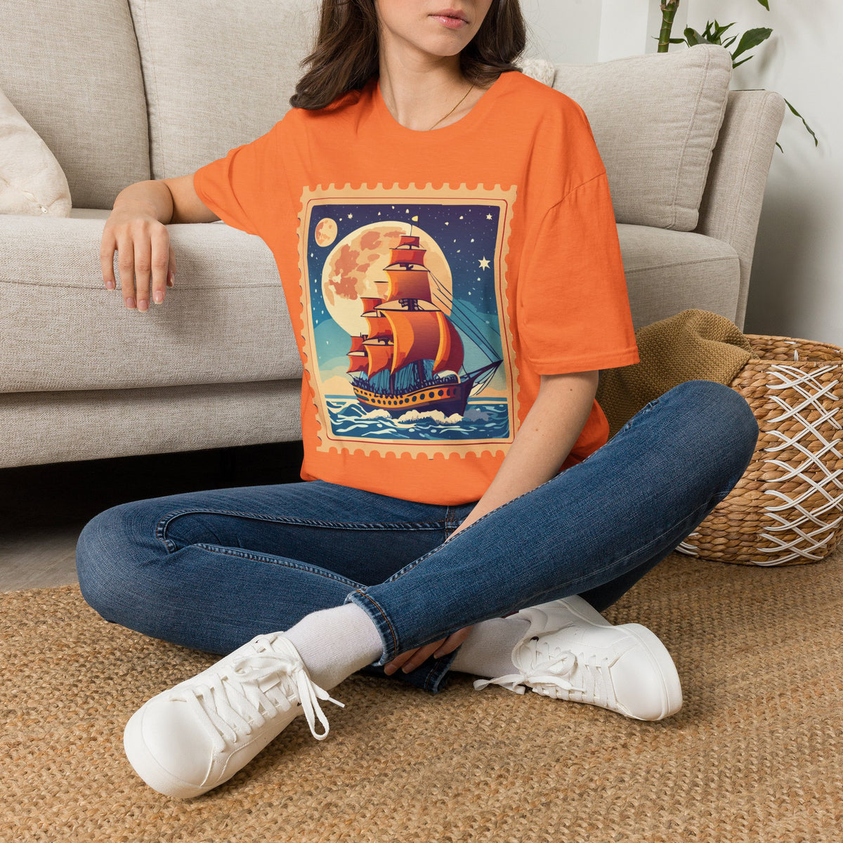 Vintage Sailing Ship T‑Shirt — Nautical Stamp Moonlight Travel Post Graphic Design Unisex 100 Cotton Gildan T-Shirt