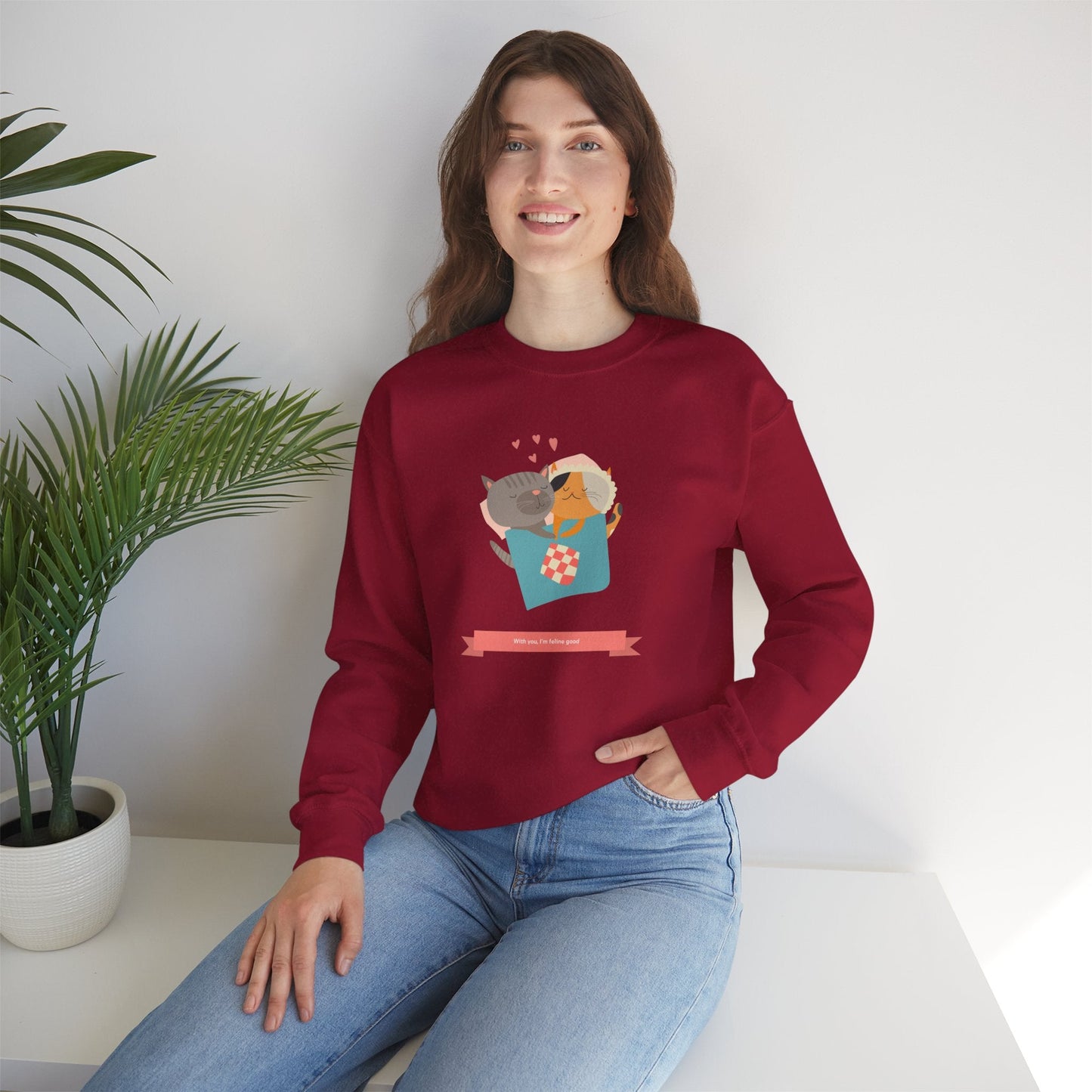 Cat Heart Sweatshirt Unisex Valentines Day 50 50 Cotton Poly Crewneck Gildan 18000