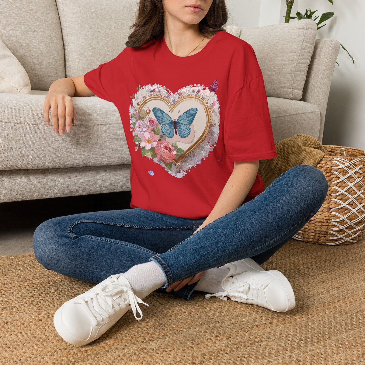 Butterfly Heart T-Shirt — Floral Blue Butterfly Graphic Tee Unisex 100 Cotton Gildan T-Shirt