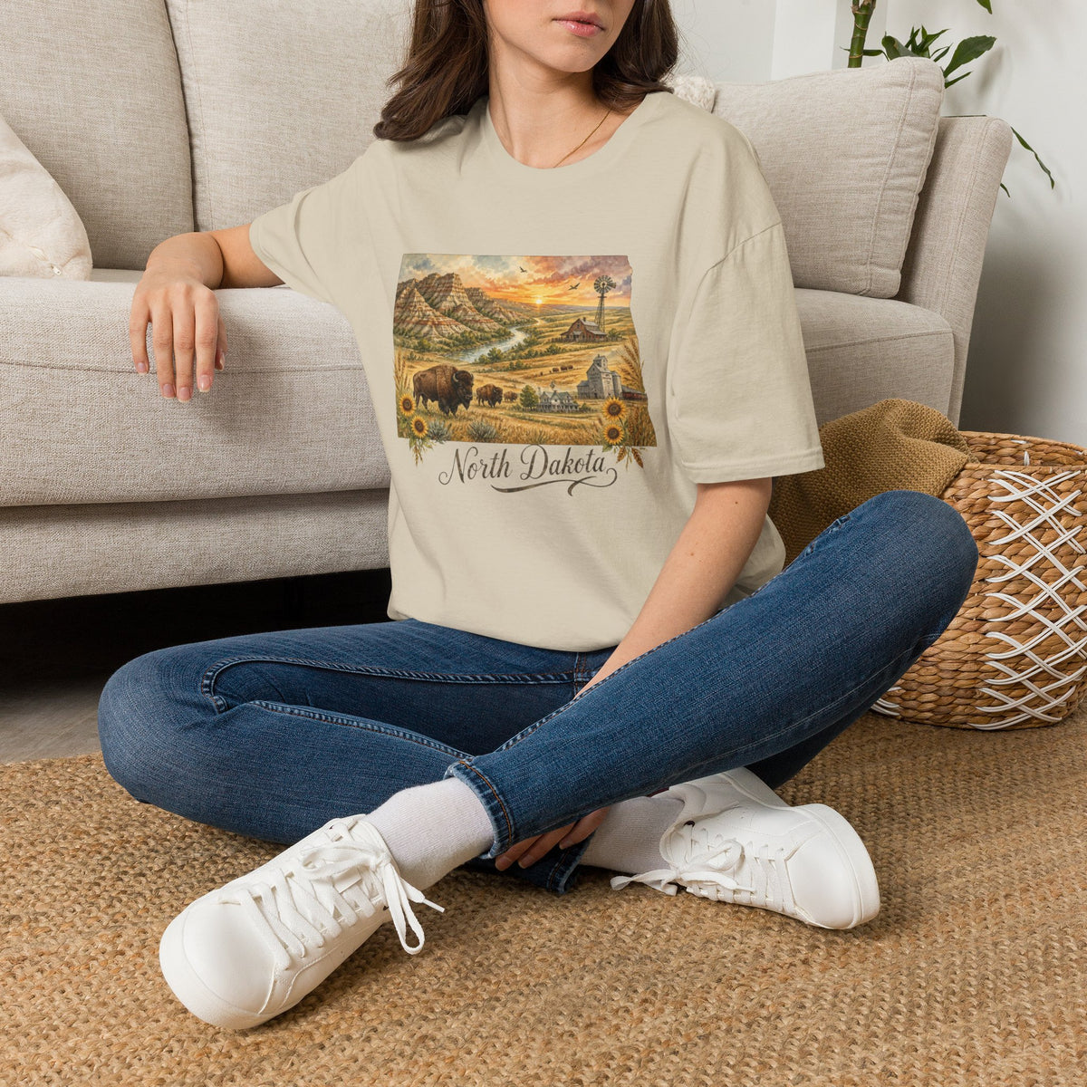 North Dakota State Travel Tourist Graphic Design Unisex 100 Cotton Gildan T-Shirt