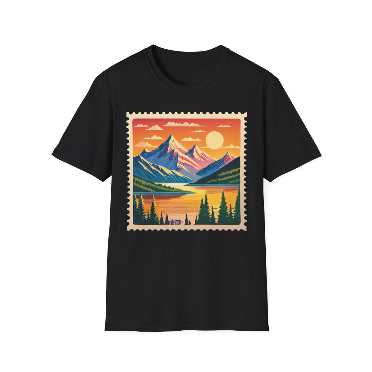 Sunset Mountain Landscape T-Shirt | Vintage Stamp Style