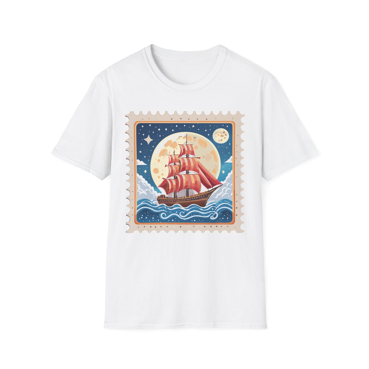 Red Sail Ship Moon Stamp T-Shirt | Nautical Vintage Illustration