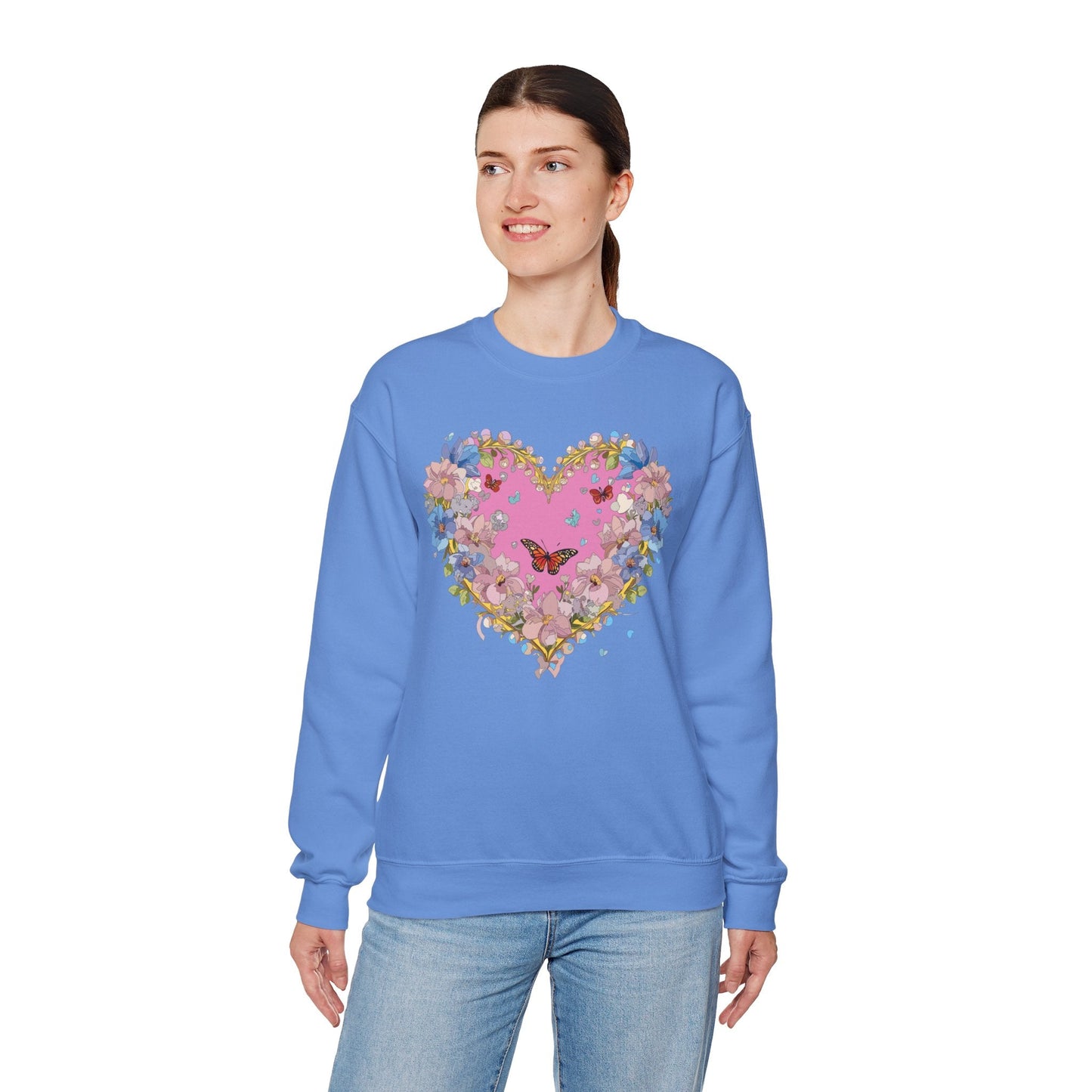 Floral Heart Sweatshirt Unisex Crewneck Gildan 18000 Fifty Fifty Cotton Polyester Valentine's Day