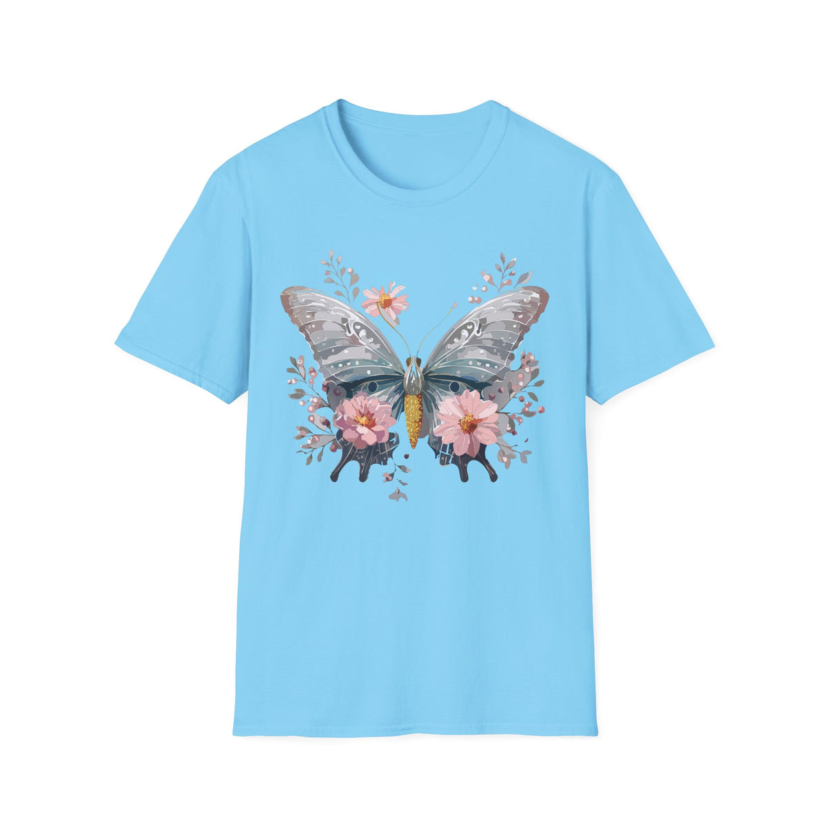 Butterfly Floral T‑Shirt — Watercolor Moth & Pink Flowers Graphic Tee Unisex 100 Cotton Gildan T-Shirt