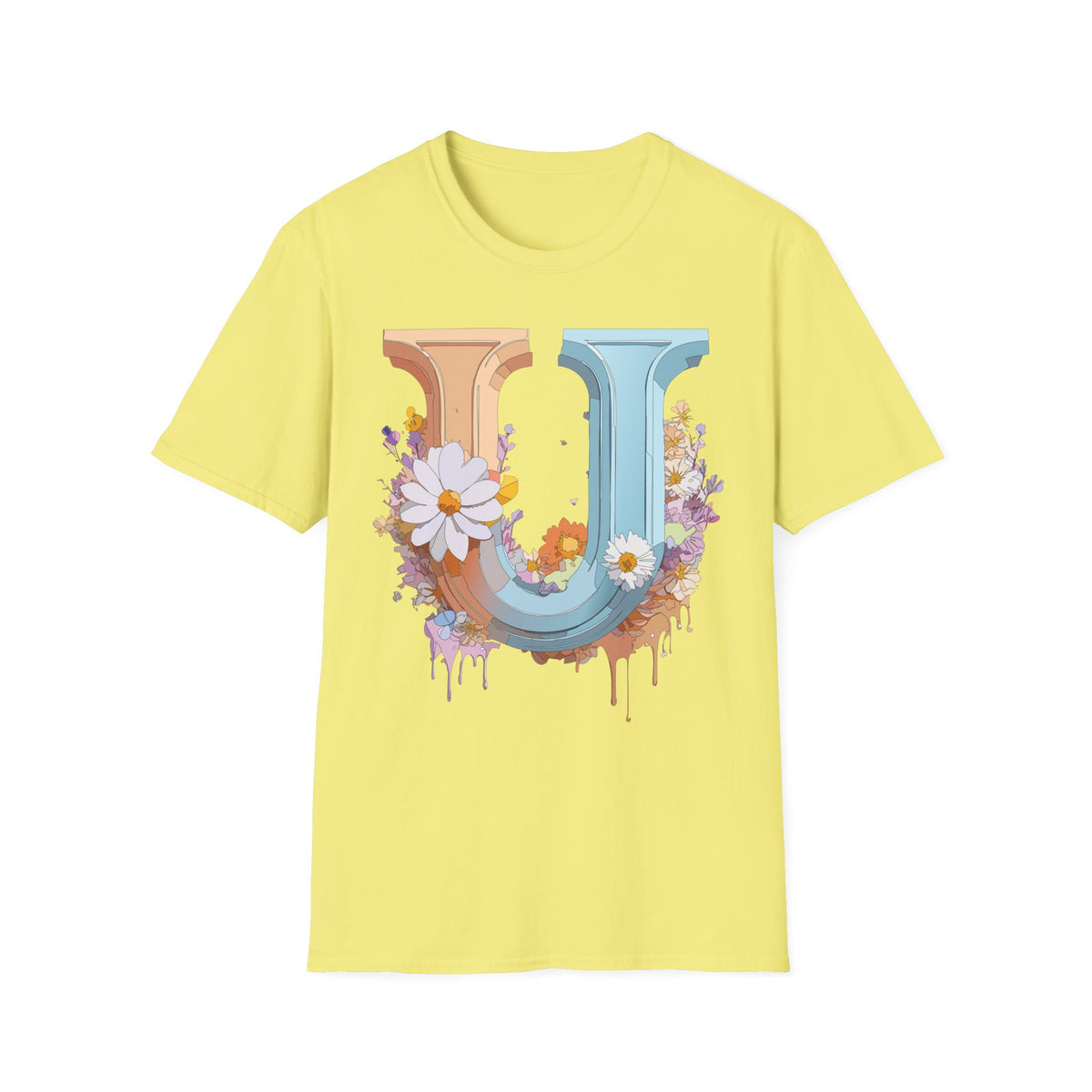 Floral Letter U T-Shirt | Vintage Block Initial with Daisies