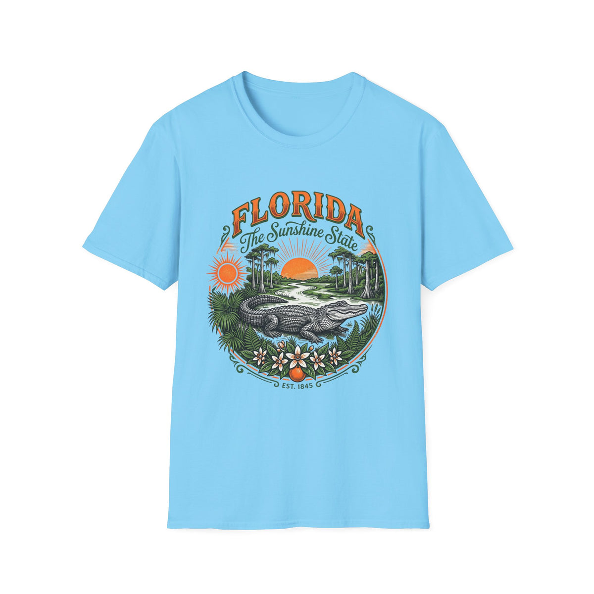Florida The Sunshine State T-Shirt — Vintage Alligator Sunset Travel Tourist Graphic Design Unisex 100 Cotton Gildan T-Shirt