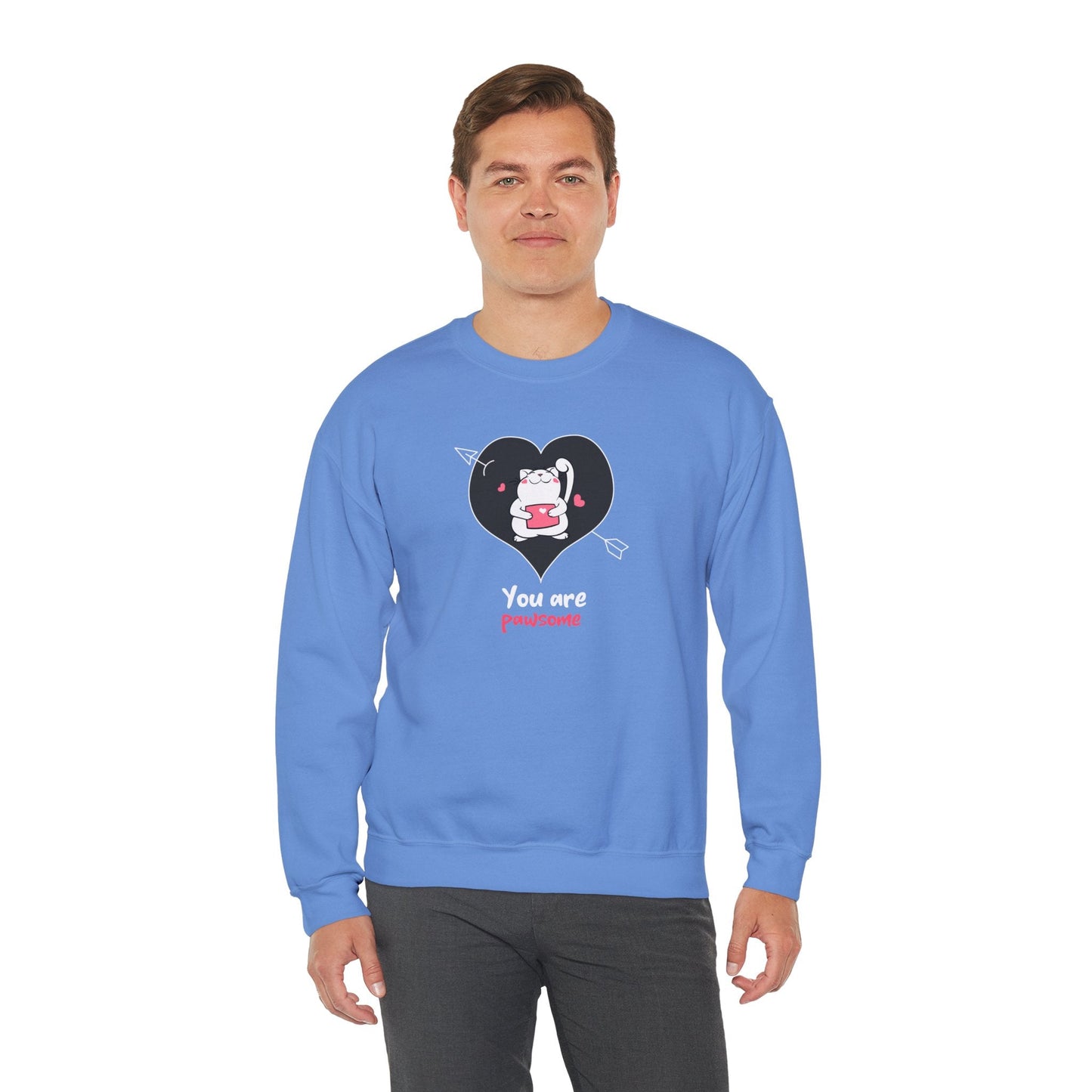 Cat Heart Sweatshirt Unisex Valentines Day Fifty Fifty Cotton Poly Crewneck Gildan 18000