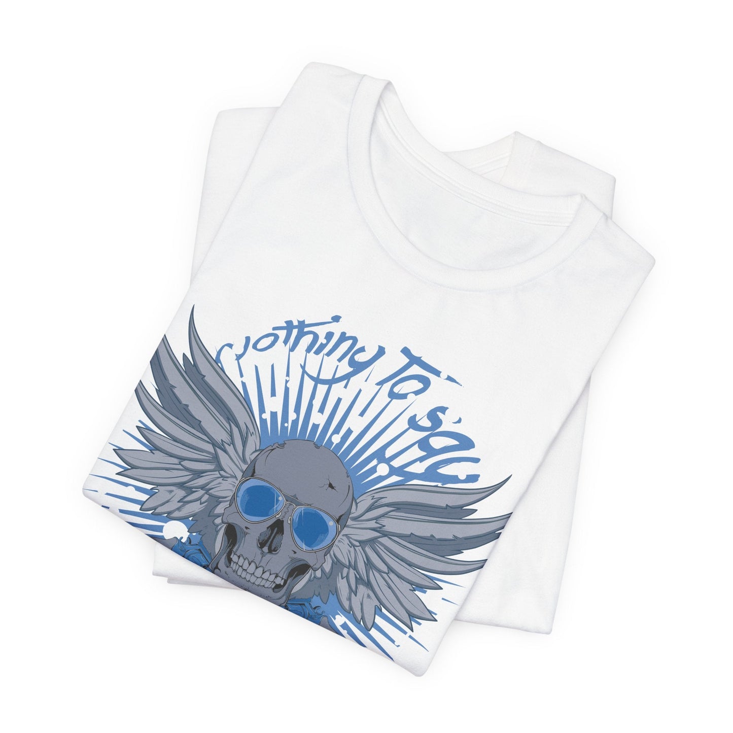 Winged Skull Graphic Tee | Blue Skull with Wings, Radiant Burst