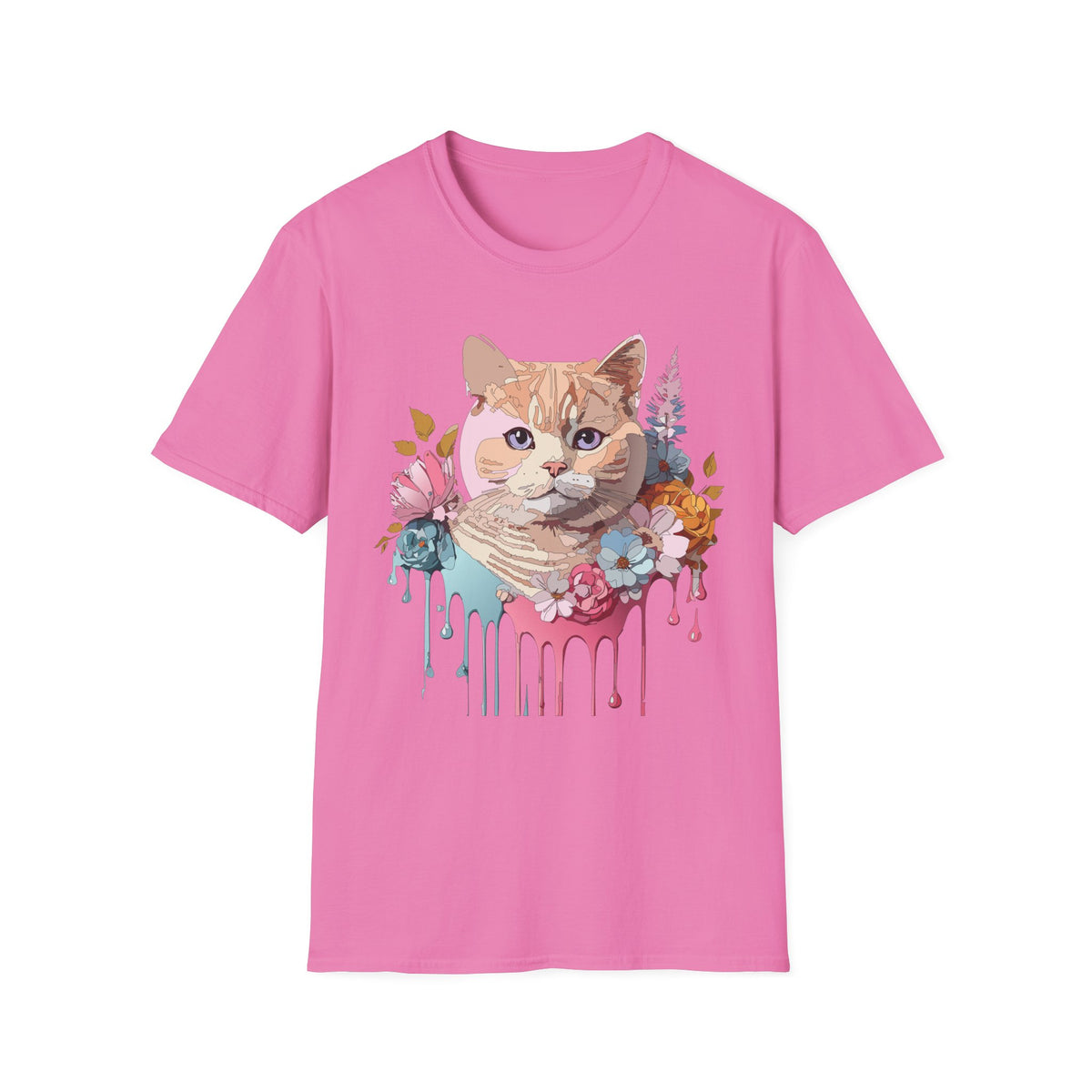 Floral Ginger Cat Portrait T-Shirt | Painted Cat Face with Flowers