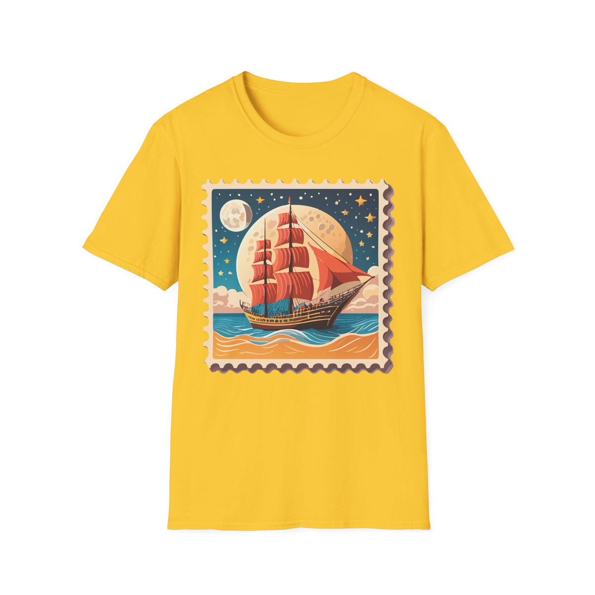 Vintage Sailing Ship Stamp T-Shirt | Retro Moonlit Ocean Illustration