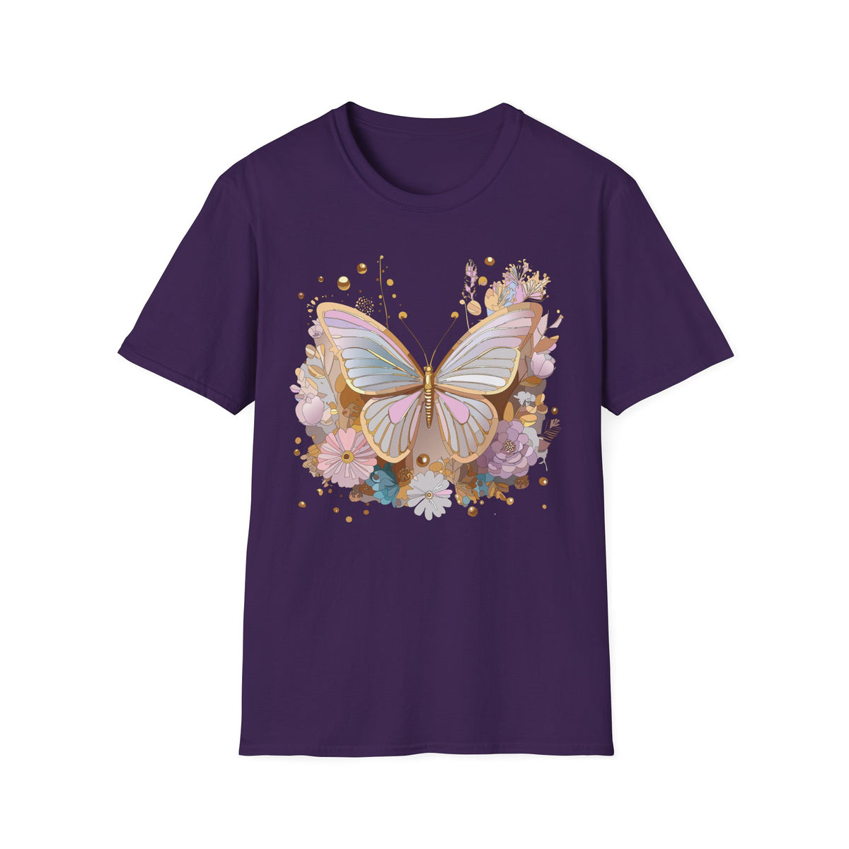 Pastel Butterfly Floral T-Shirt — Gold Accent Butterfly Graphic Design Unisex 100 Cotton Gildan T-Shirt