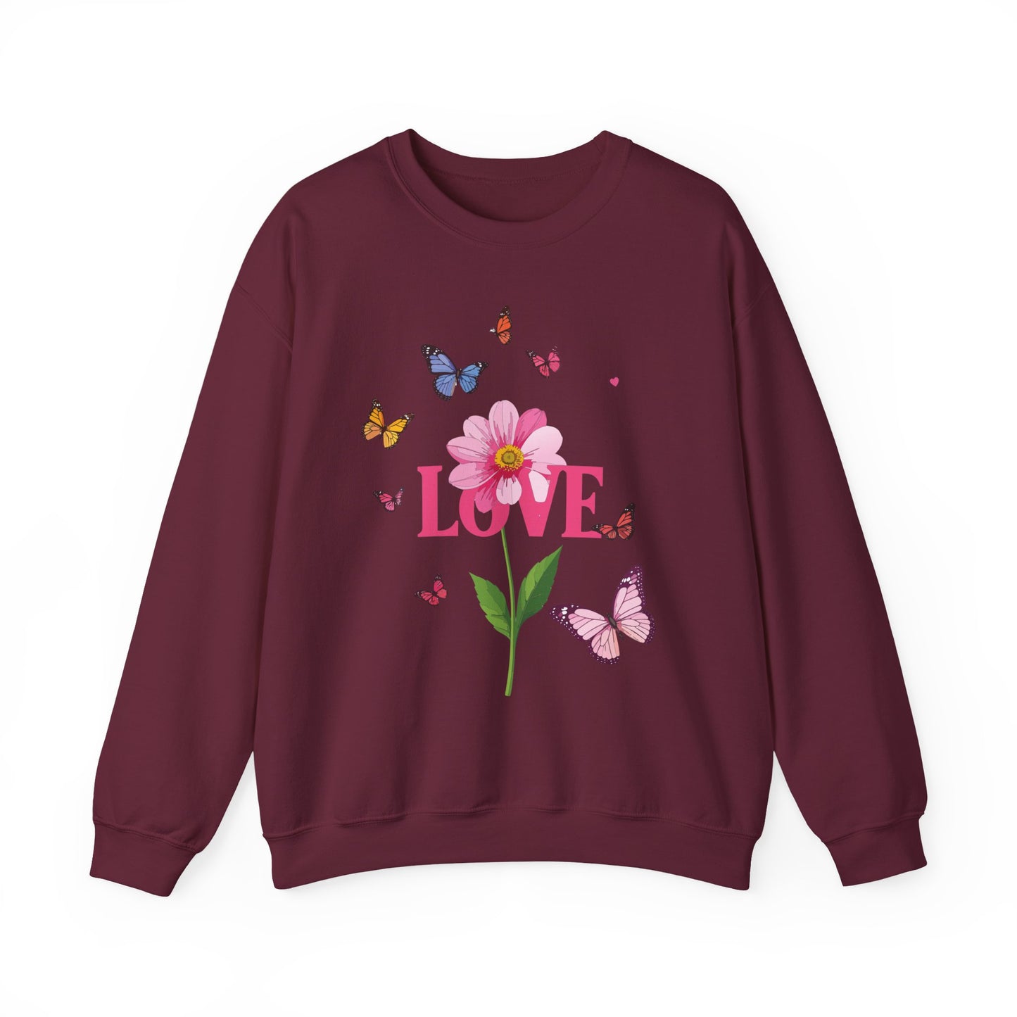 Unisex Floral Love Sweatshirt, Love Floral Sweatshirt, Floral Butterfly Sweatshirt, 50/50 Cotton-Poly Valentine's Day Sweatshirt 01
