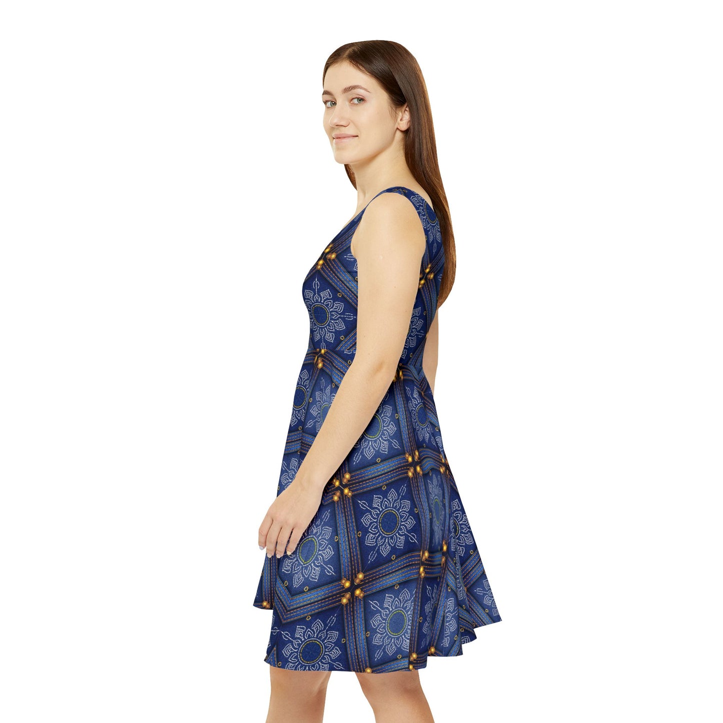 Women Denim Print Skater Dress, Denim Print Poly-Span Dress - 42