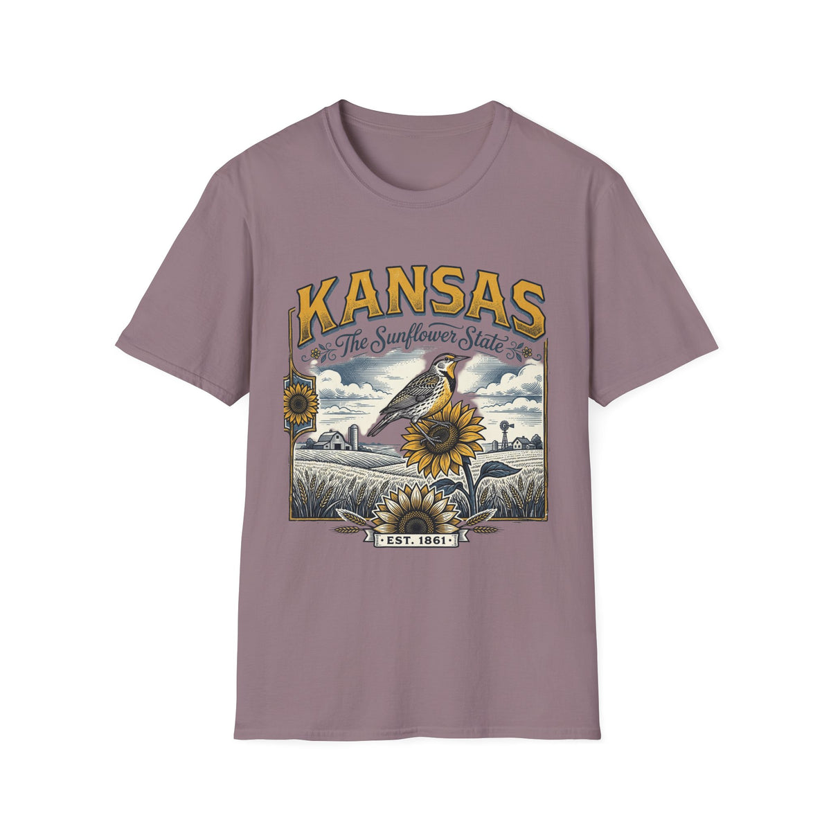 Kansas The Sunflower State T-Shirt | Vintage Meadow Bird Sunflower Design