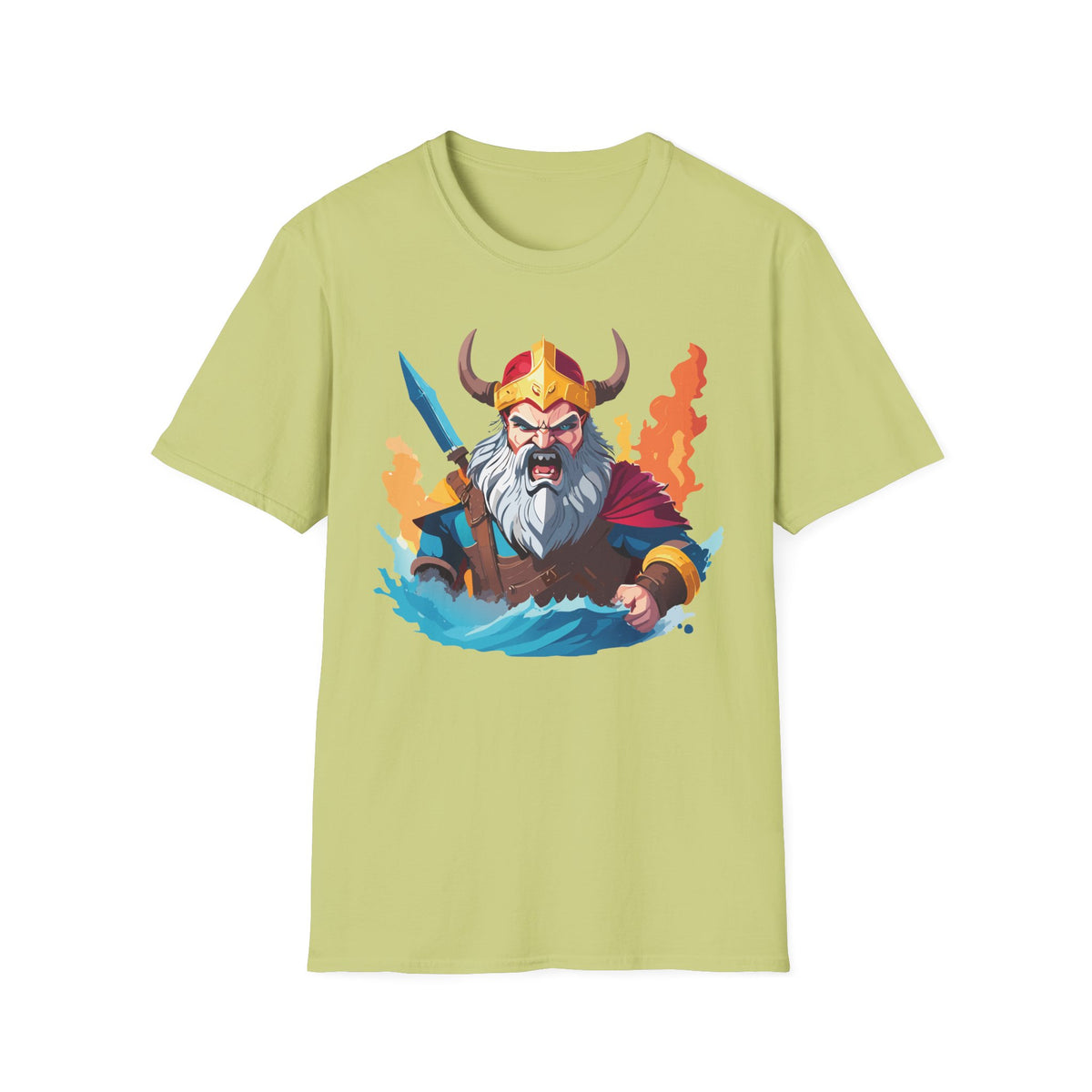Viking Warrior Illustration T-Shirt | Horned Helmet, Sword, Flames