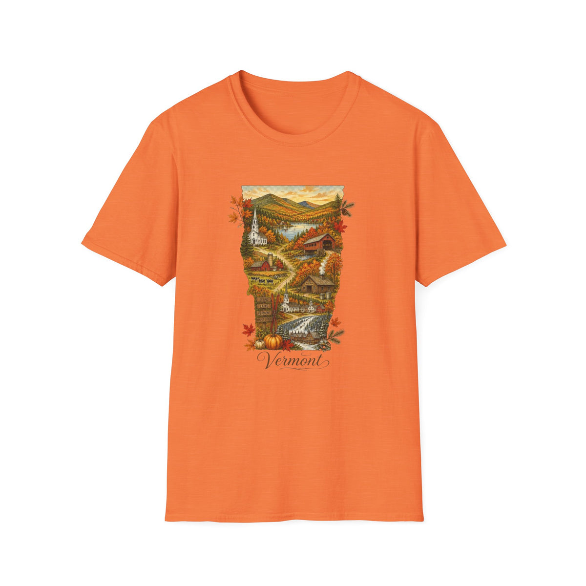 Vermont Fall Scenic T‑Shirt — Autumn Maple Leaves Landscape Travel Tourist Graphic Design Unisex 100 Cotton Gildan T-Shirt