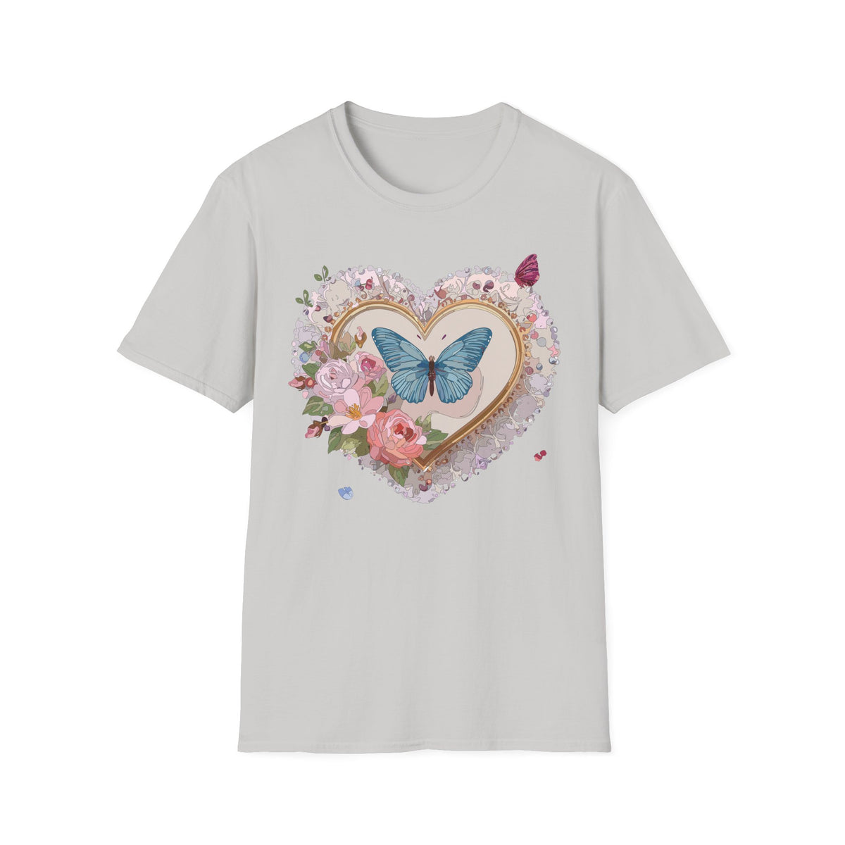 Butterfly Heart T-Shirt — Floral Blue Butterfly Graphic Tee Unisex 100 Cotton Gildan T-Shirt