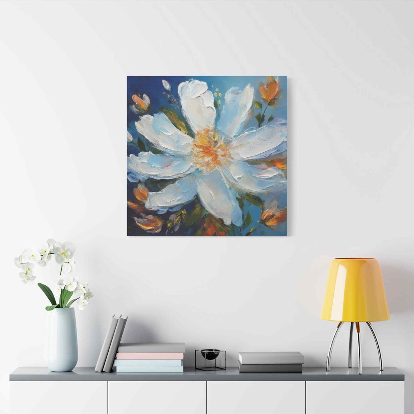 White Flower Print Canvas, White Flower Oil Paint Print 20x20, 24x24, 30x30, 32x32, 36x36, Art Design Print Non-Frame MC-4