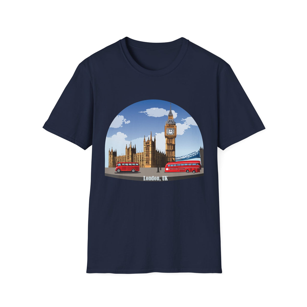 London Skyline Big Ben Illustration T-Shirt | Double Decker Bus, Bridge