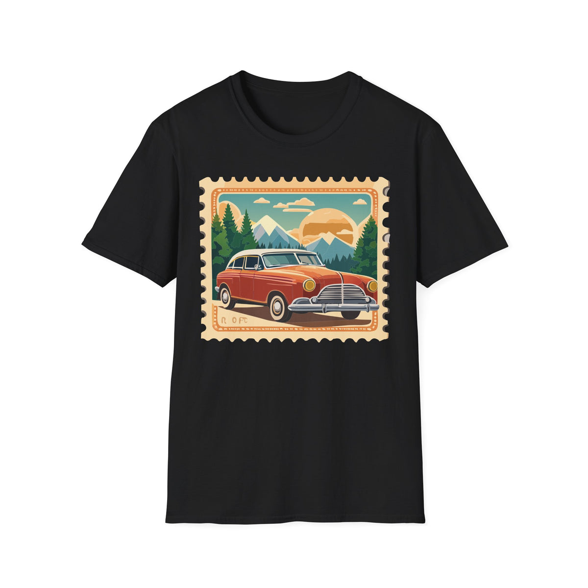 Vintage Road Trip Car T-Shirt | Retro Mountain Sunset Stamp Design