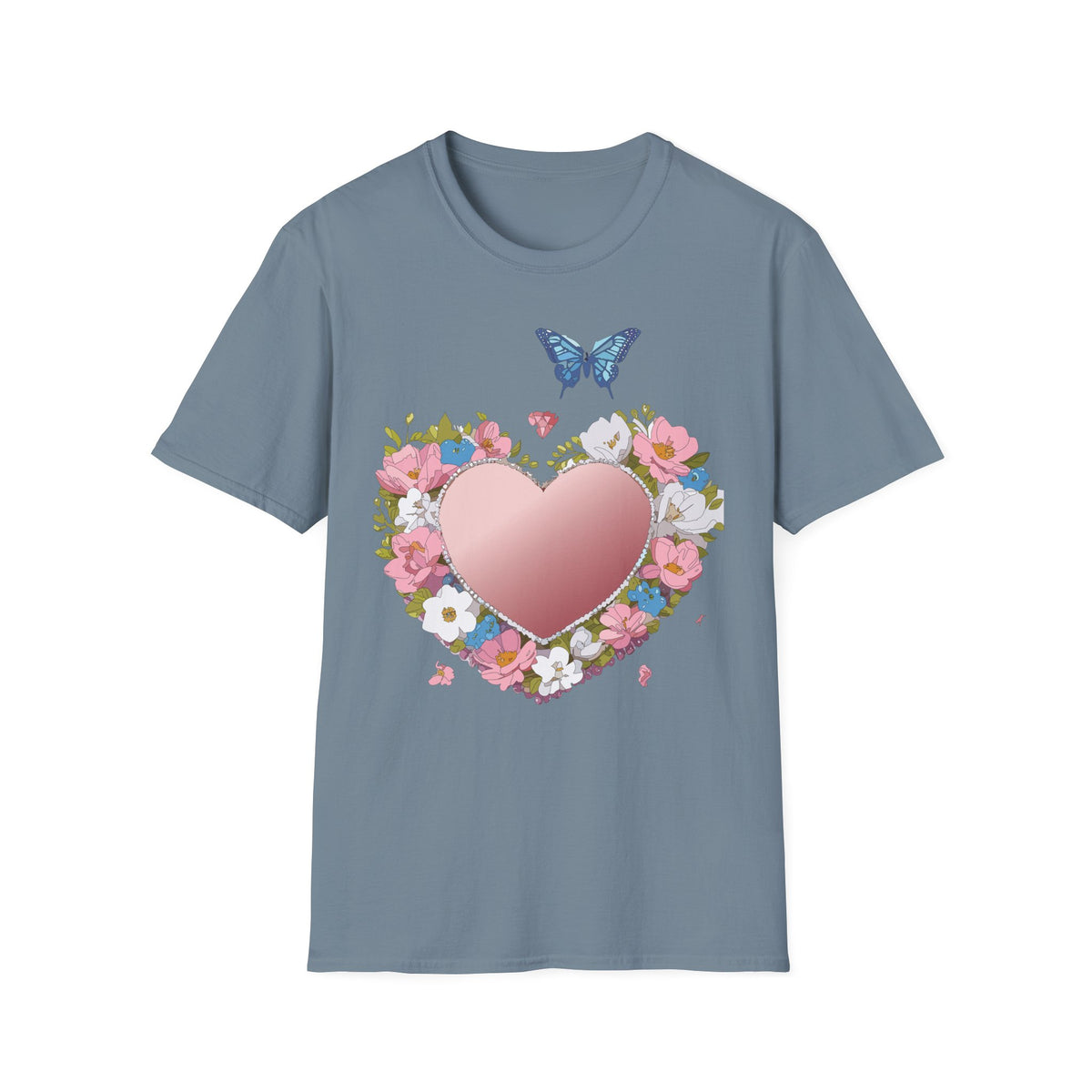 Floral Heart with Blue Butterfly T-Shirt | Pink Heart Floral Graphic Tee Unisex 100 Cotton Gildan T-Shirt
