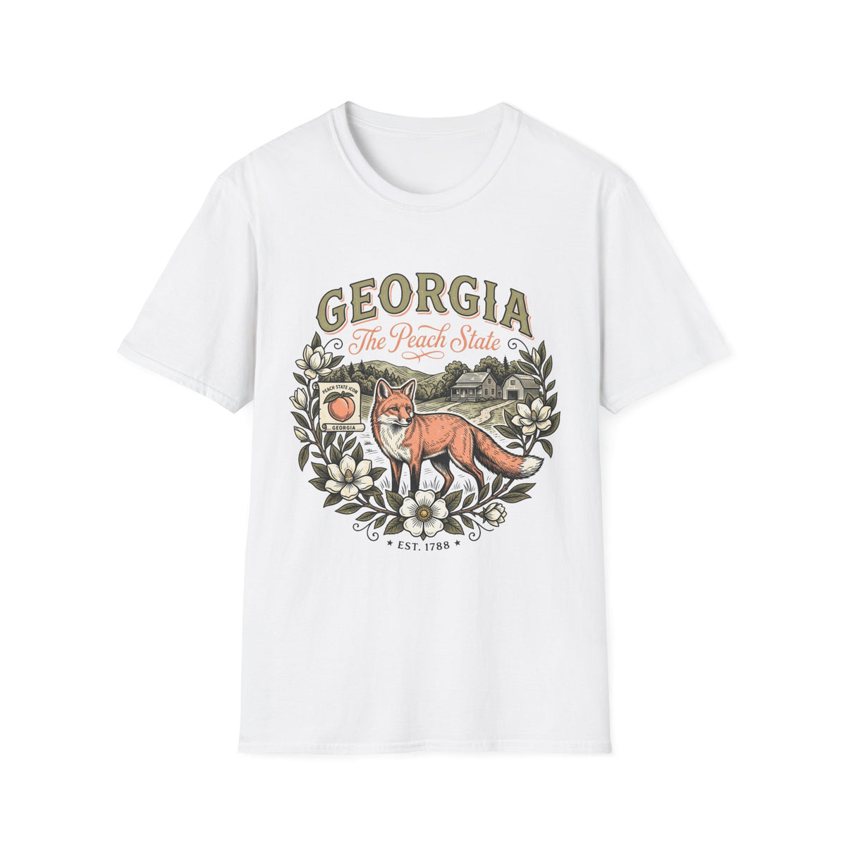 Georgia Fox T-Shirt — The Peach State Vintage Nature Travel Tourist Graphic Design Unisex 100 Cotton Gildan T-Shirt