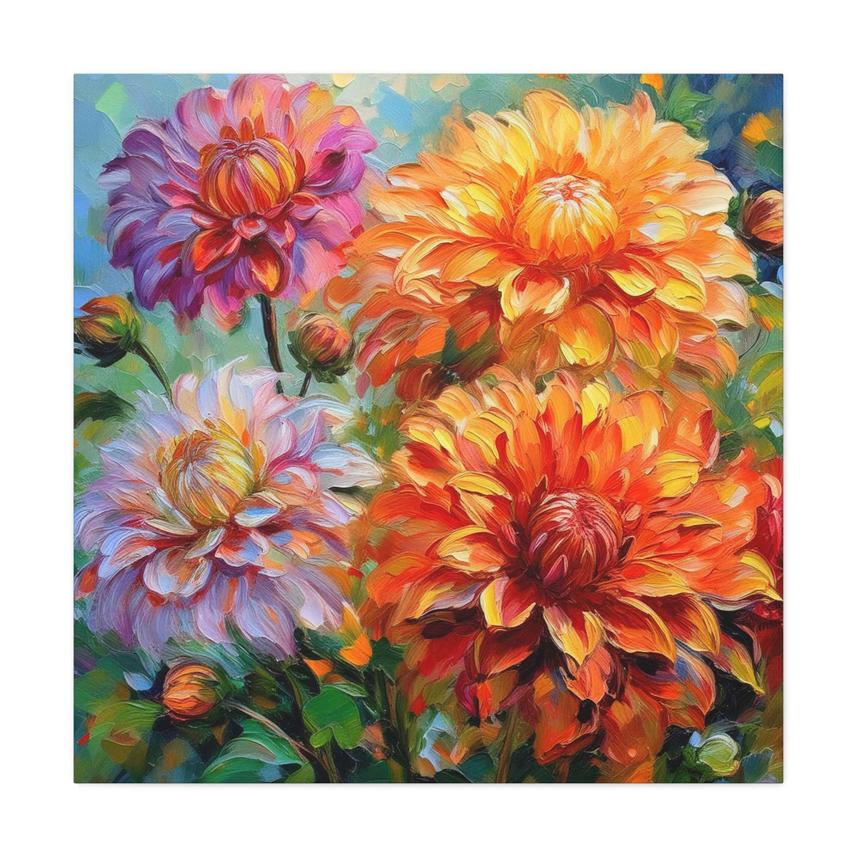 Dahlias Floral Print Canvas, Floral Oil Paint Print 20x20, 24x24, 30x30, 32x32, 36x36 Art Design Pine-Wood Inner Frame MC-166