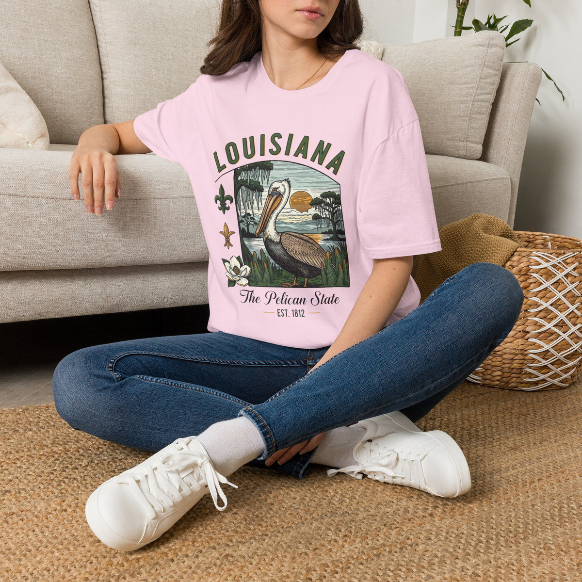 Louisiana Pelican State Graphic T-Shirt — Vintage Bayou Sunset Travel Tourist Graphic Design Unisex 100 Cotton Gildan T-Shirt
