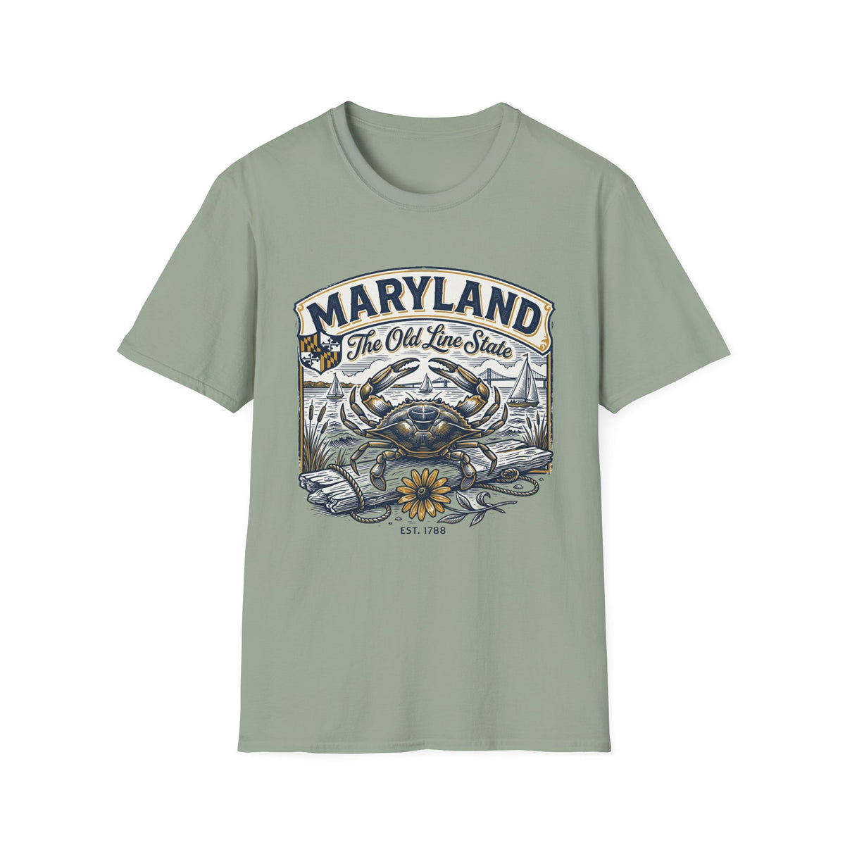 Maryland The Old Line State T-Shirt — Blue Crab Chesapeake Vintage Travel Tourist Graphic Design Unisex 100 Cotton Gildan T-Shirt