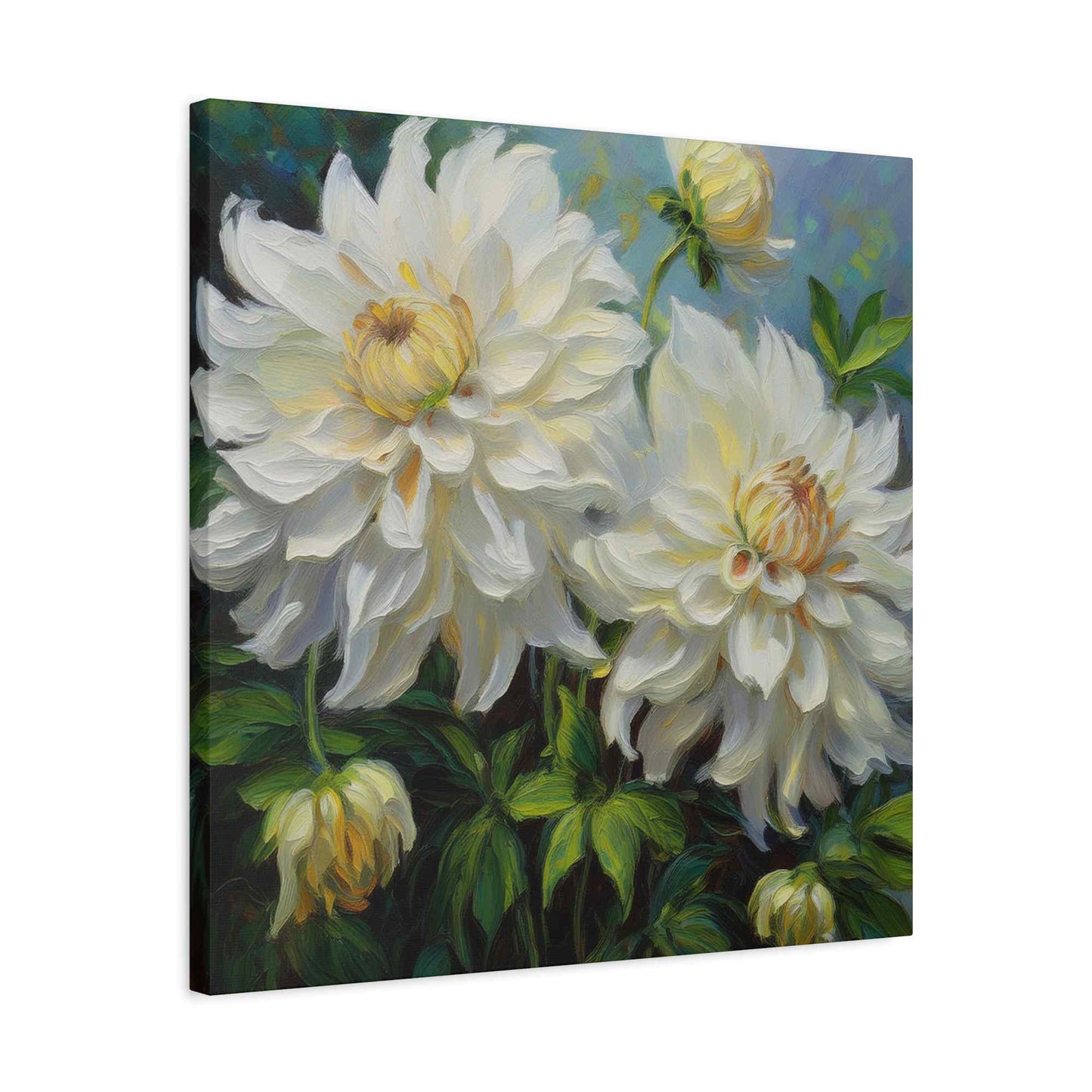White Dahlias Print Canvas, Floral Oil Paint Print 20x20, 24x24, 30x30, 32x32, 36x36 Art Design Pine-Wood Inner Frame MC-170
