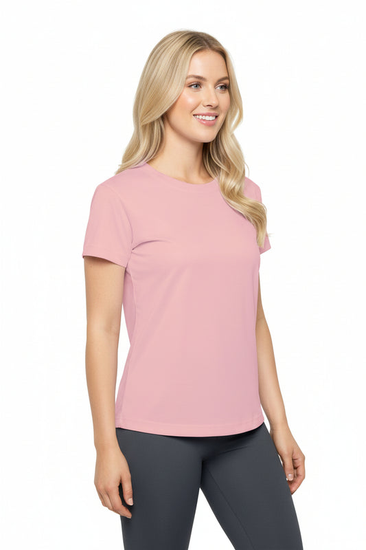 Tea Rose Women's Sports Jersey Short Sleeves 100% Poly Solid Rose Pink Color Print Athletic Tee