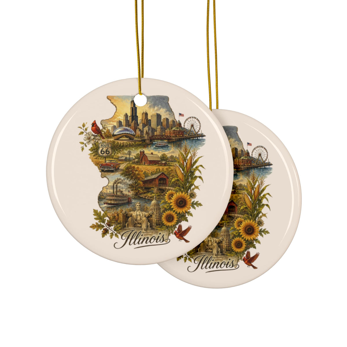 Illinois state map collage Ornament | Ceramic round double-sided, Chicago skyline, sunflowers - 2.99" Includes Gold String