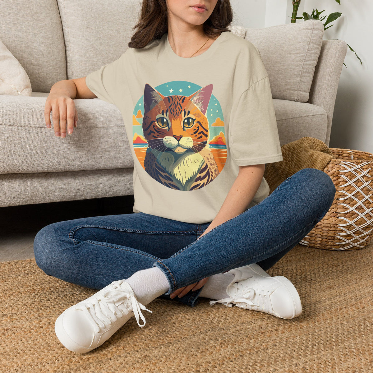 Retro Tabby Cat Illustration T-Shirt | Vintage Sunset Cat Tee