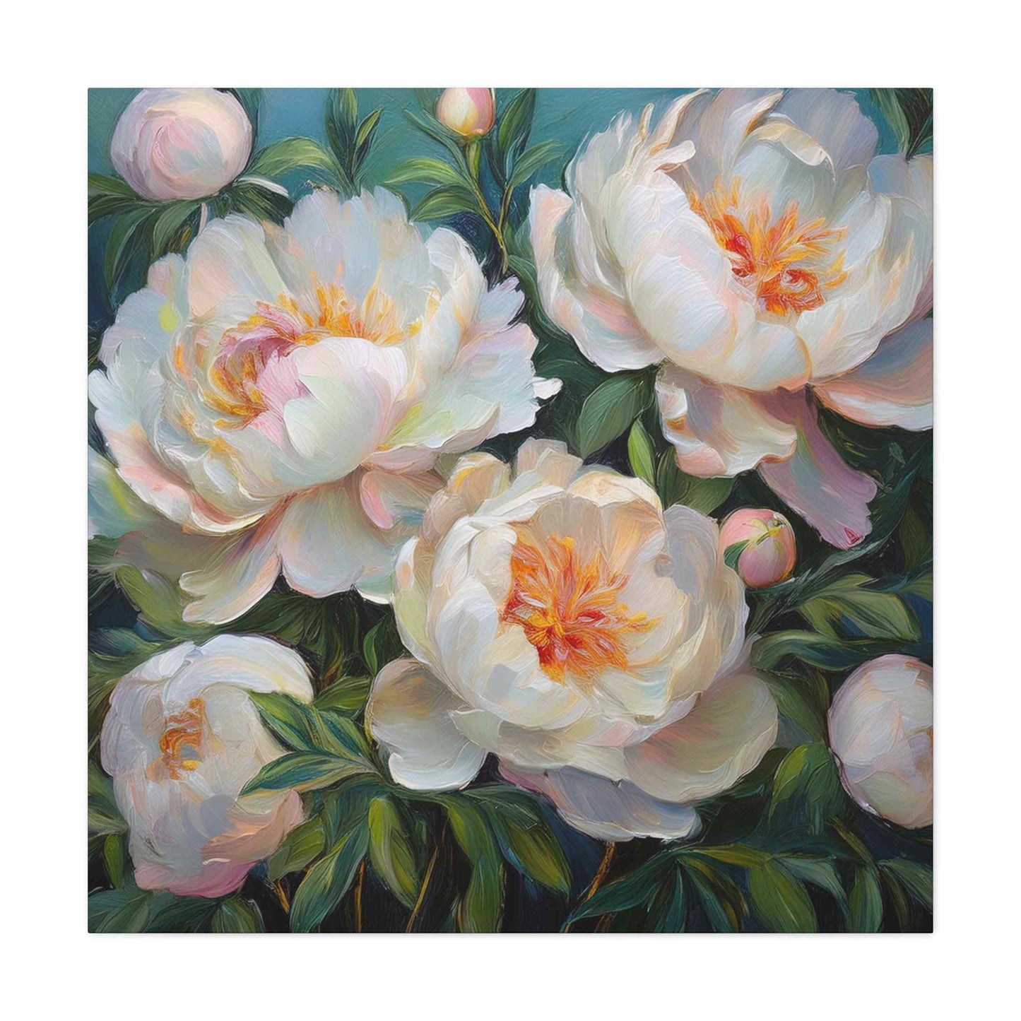 White Peonies Print Canvas, Floral Oil Paint Print 20x20, 24x24, 30x30, 32x32, 36x36 Art Design Pine-Wood Inner Frame MC-123