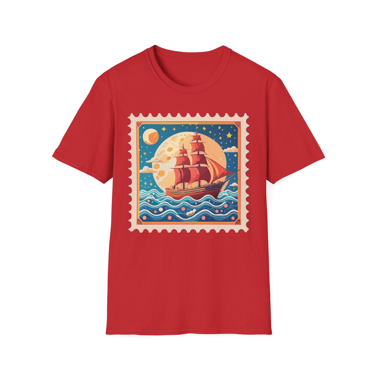 Vintage Sailing Ship Stamp T-Shirt | Retro Moon Ocean Illustration