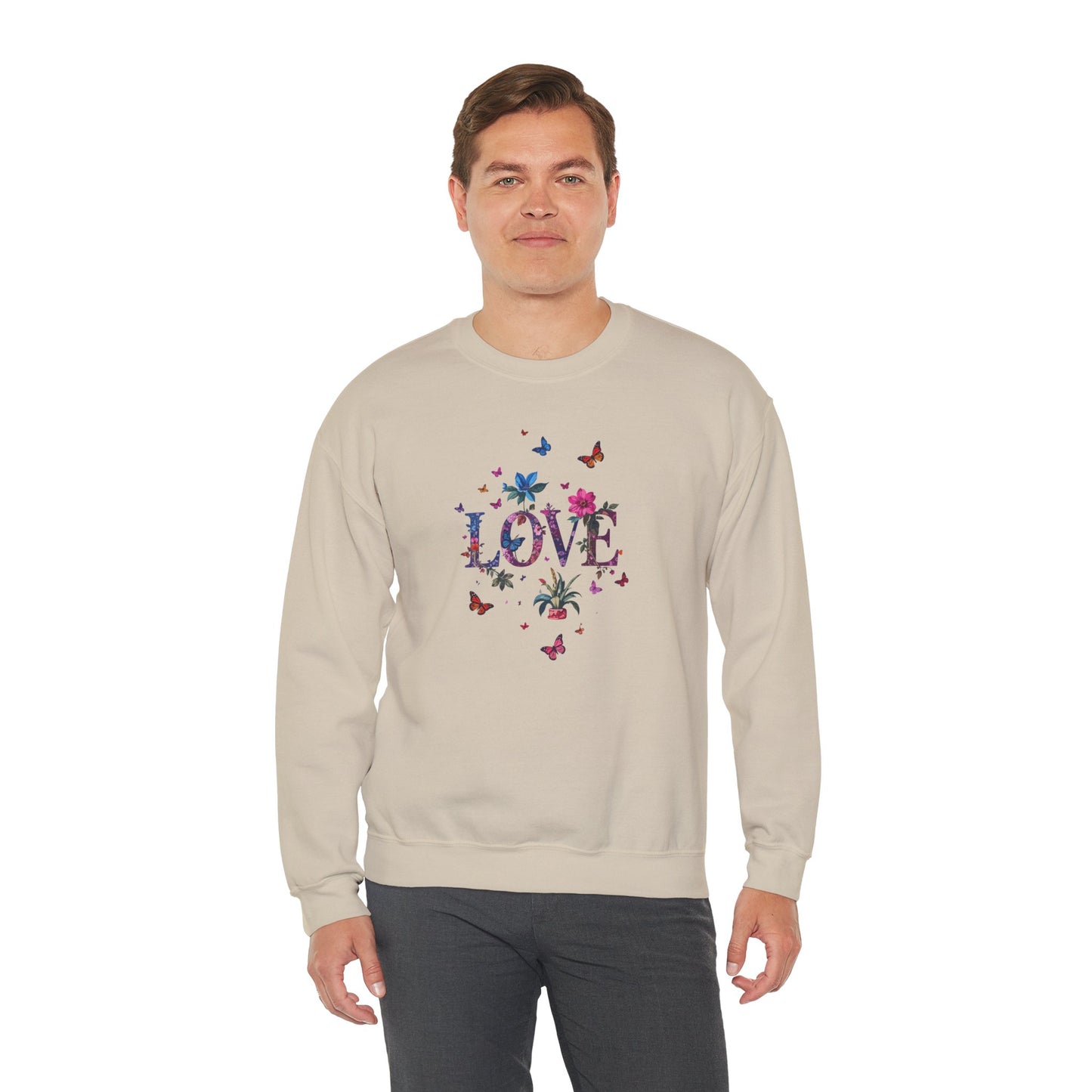 Unisex Floral Love Sweatshirt, Love Floral Sweatshirt, Floral Butterfly Sweatshirt, 50/50 Cotton-Poly Valentine's Day Sweatshirt 03