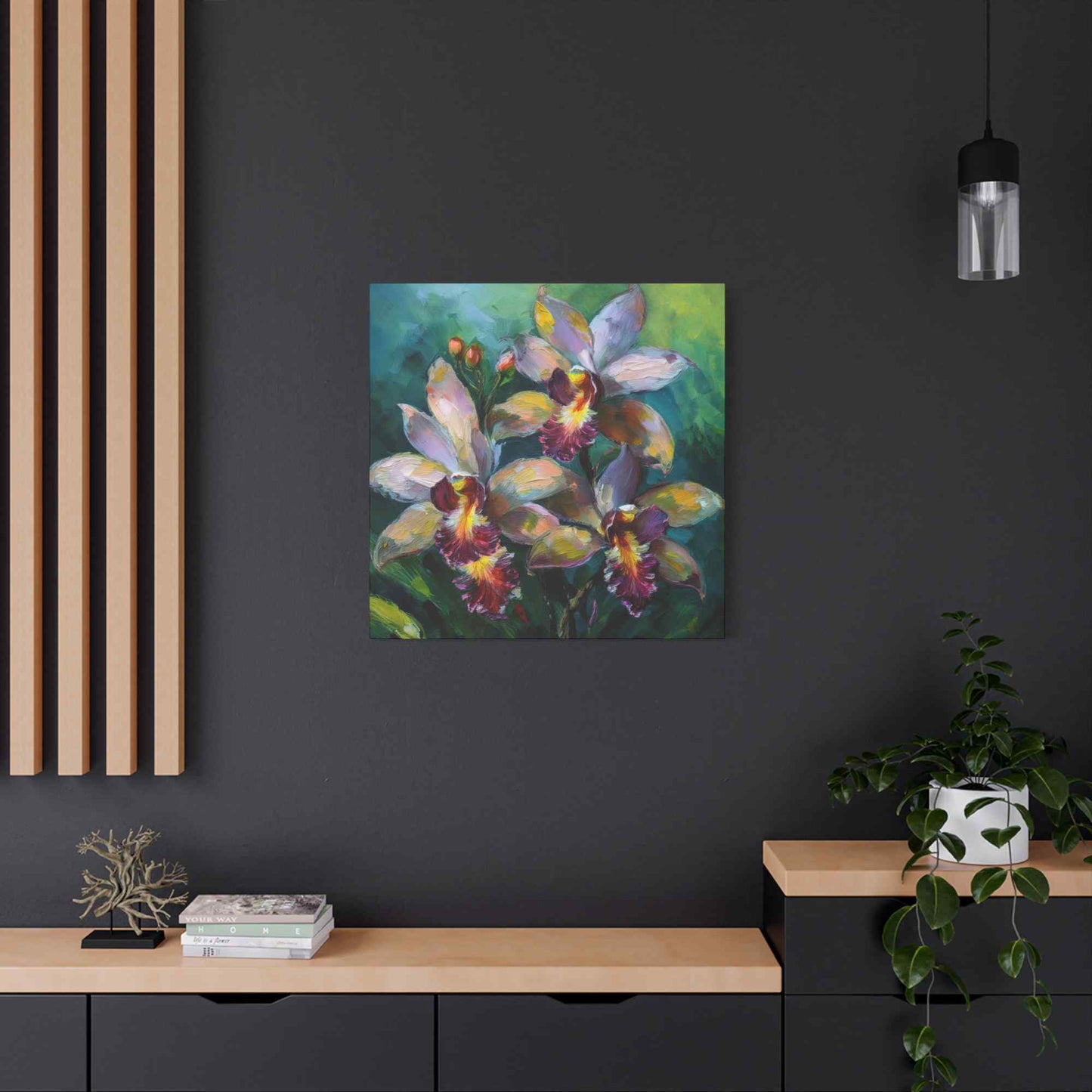 Blue Orchids Print Canvas, Floral Oil Paint Print 20x20, 24x24, 30x30, 32x32, 36x36 Art Design Pine-Wood Inner Frame MC-134