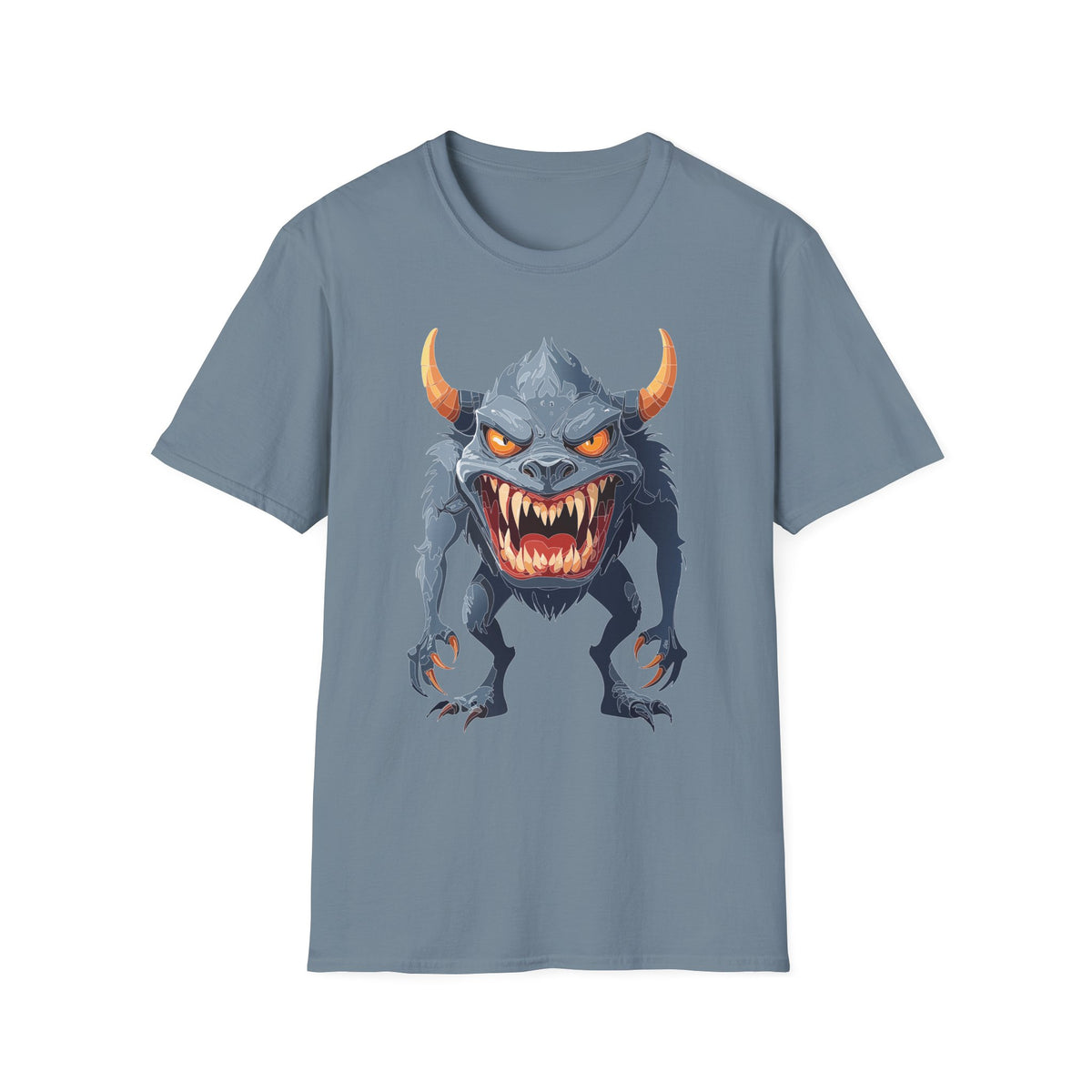 Demonic Monster Graphic T-Shirt — Fierce Horned Creature Cartoon Graphic Tee Unisex 100 Cotton Gildan T-Shirt