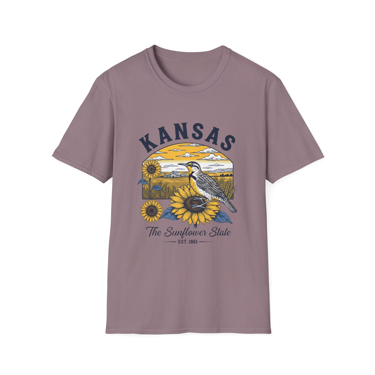 Kansas Sunflower State T-Shirt — Meadowlark Sunflowers Travel Tourist Graphic Design Unisex 100 Cotton Gildan T-Shirt