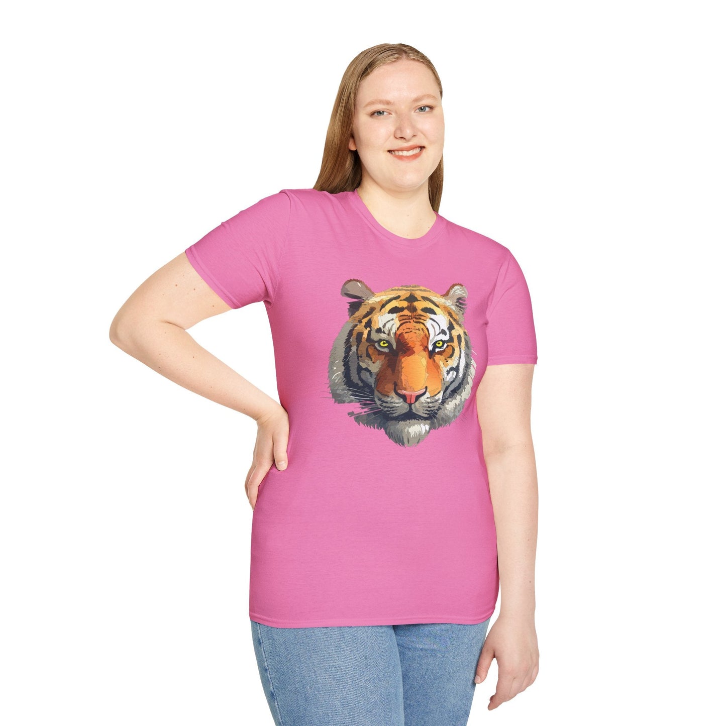 Tiger Print T Shirt Unisex Animal Tee 100 Percent Cotton Softstyle Gildan 64000